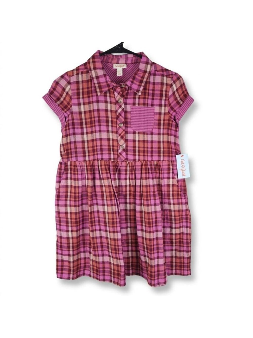 Girls Cat & Jack Pink Plaid Short Sleeve Button Front Shirt Dress Size L 10/12